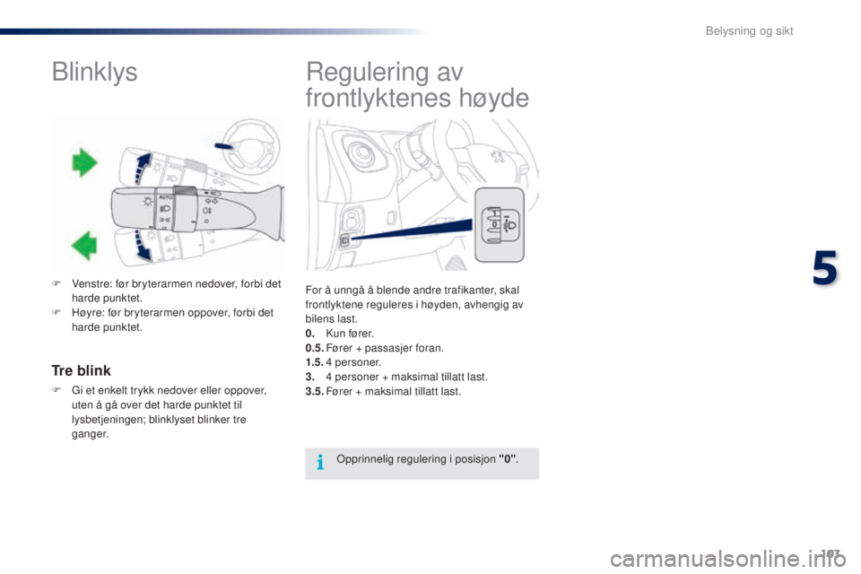 PEUGEOT 108 2016 Instruksjoner for bruk (in Norwegian) 103
108_no_Chap05_eclairage-visibilite_ed01-2016
Regulering av
frontlyktenes høyde
For å unngå å blende andre trafikanter, skal
frontlyktene reguleres i høyden, avhengig av
bilens last.
0.
K
PEUGEOT 108 2016 Instruksjoner for bruk (in Norwegian) 103
108_no_Chap05_eclairage-visibilite_ed01-2016
Regulering av
frontlyktenes høyde
For å unngå å blende andre trafikanter, skal
frontlyktene reguleres i høyden, avhengig av
bilens last.
0.
K