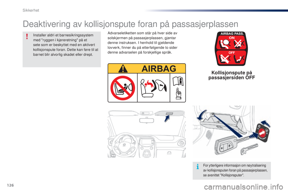 PEUGEOT 108 2016 Instruksjoner for bruk (in Norwegian) 126
108_no_Chap06_securite_ed01-2016
Kollisjonspute på
passasjersiden OFF
Advarseletiketten som står på hver side av
solskjermen på passasjerplassen, gjentar
denne instruksen. I henhold til gj PEUGEOT 108 2016 Instruksjoner for bruk (in Norwegian) 126
108_no_Chap06_securite_ed01-2016
Kollisjonspute på
passasjersiden OFF
Advarseletiketten som står på hver side av
solskjermen på passasjerplassen, gjentar
denne instruksen. I henhold til gj