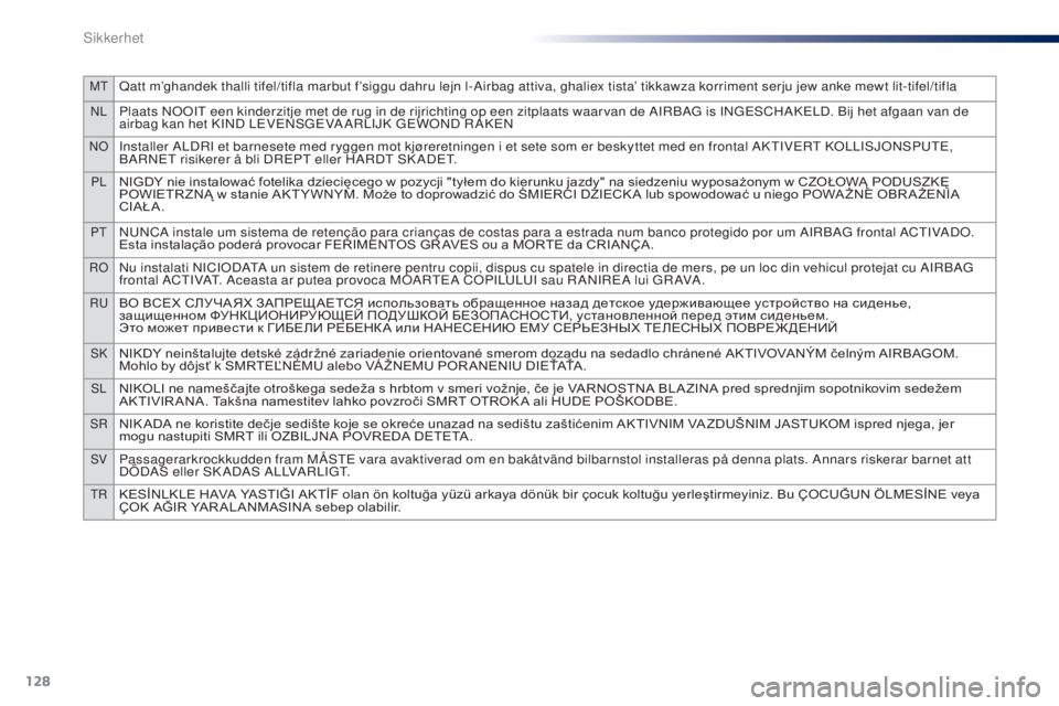 PEUGEOT 108 2016 Instruksjoner for bruk (in Norwegian) 128
MtQatt m’ghandek thalli tifel/tifla marbut f’siggu dahru lejn l-Airbag attiva, ghaliex tista’ tikkawza korriment serju jew anke mewt lit-tifel/tifla
NLPlaats NooIt een kinderzitje met de rug PEUGEOT 108 2016 Instruksjoner for bruk (in Norwegian) 128
MtQatt m’ghandek thalli tifel/tifla marbut f’siggu dahru lejn l-Airbag attiva, ghaliex tista’ tikkawza korriment serju jew anke mewt lit-tifel/tifla
NLPlaats NooIt een kinderzitje met de rug