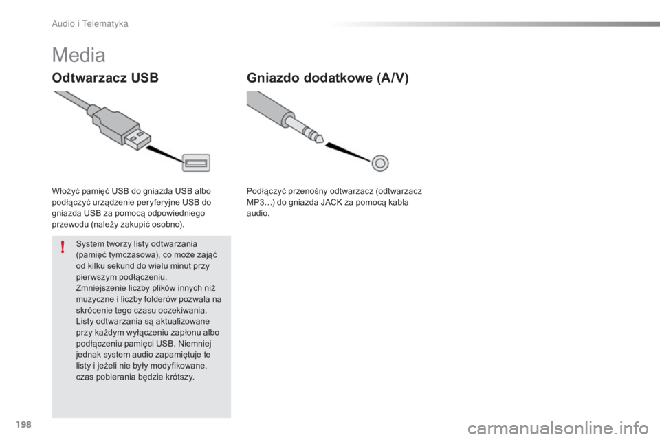 PEUGEOT 108 2016 Instrukcja obsługi (in Polish) 198
108_pl_Chap10a_Autoradio-Toyota-tactile-1_ed01-2016
Media
Odtwarzacz USB
Włożyć pamięć USB do gniazda USB albo
podłączyć urządzenie peryferyjne USB do
gniazda USB za pomocą odpowiednie PEUGEOT 108 2016 Instrukcja obsługi (in Polish) 198
108_pl_Chap10a_Autoradio-Toyota-tactile-1_ed01-2016
Media
Odtwarzacz USB
Włożyć pamięć USB do gniazda USB albo
podłączyć urządzenie peryferyjne USB do
gniazda USB za pomocą odpowiednie