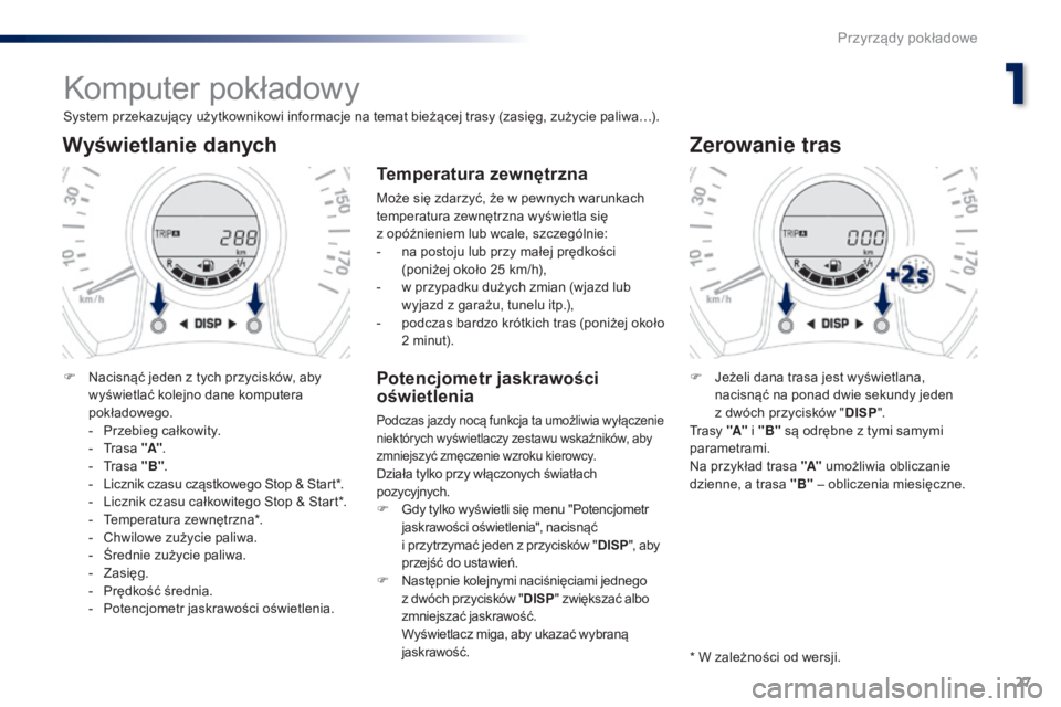 PEUGEOT 108 2016 Instrukcja obsługi (in Polish) 27
108_pl_Chap01_instrument-de-bord_ed01-2016
Komputer pokładowy
System przekazujący użytkownikowi informacje na temat bieżącej trasy (zasięg, zużycie paliwa…).
Wyświetlanie danych
F NacisnÄ PEUGEOT 108 2016 Instrukcja obsÅ‚ugi (in Polish) 27
108_pl_Chap01_instrument-de-bord_ed01-2016
Komputer pokładowy
System przekazujący użytkownikowi informacje na temat bieżącej trasy (zasięg, zużycie paliwa…).
Wyświetlanie danych
F NacisnÄ