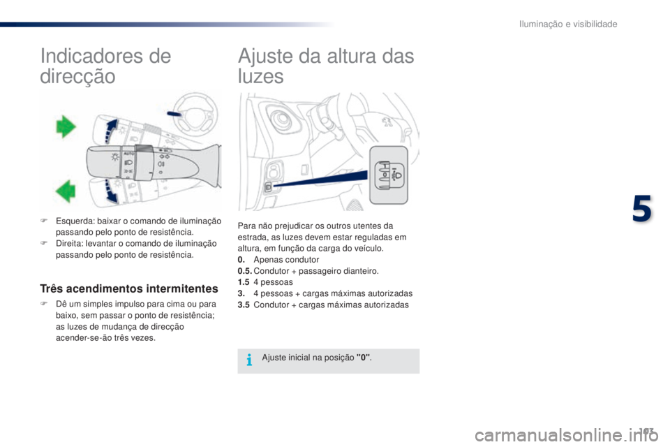 PEUGEOT 108 2016  Manual de utilização (in Portuguese) 103
108_pt_Chap05_eclairage-visibilite_ed01-2016
Ajuste da altura das 
luzes
Para não prejudicar os outros utentes da 
estrada, as luzes devem estar reguladas em 
altura, em função da carga do veí