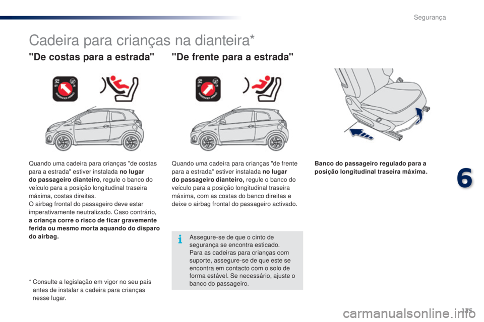 PEUGEOT 108 2016  Manual de utilização (in Portuguese) 125
108_pt_Chap06_securite_ed01-2016
Cadeira para crianças na dianteira*
"De costas para a estrada" "De frente para a estrada"
Banco do passageiro regulado para a 
posição longitudi