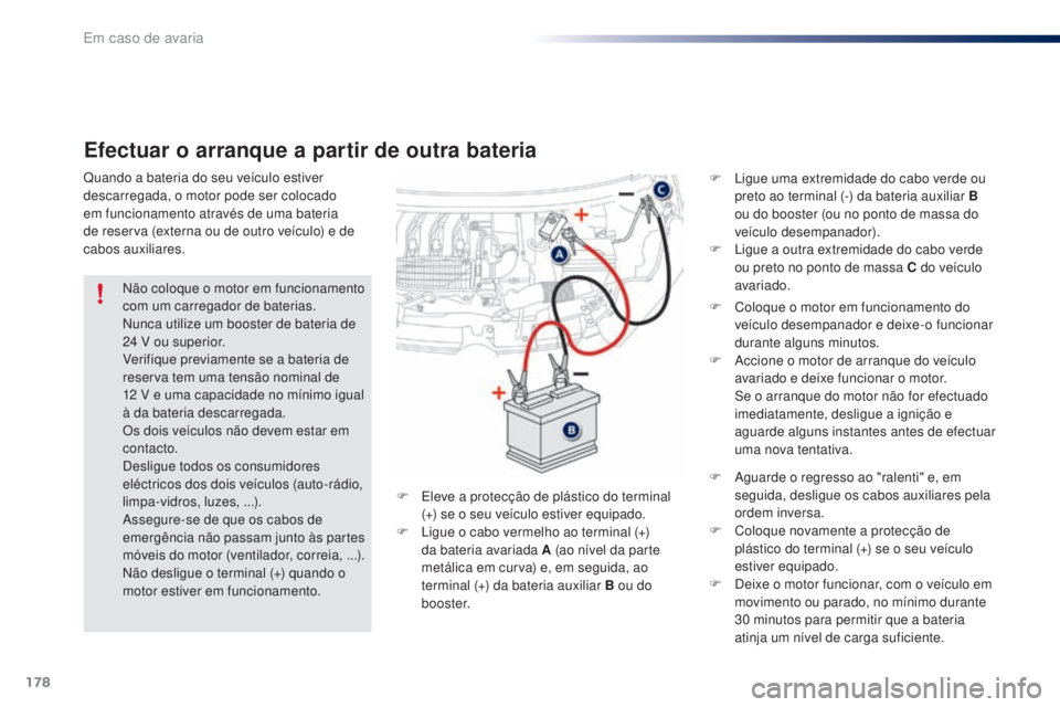 PEUGEOT 108 2016  Manual de utilização (in Portuguese) 178
108_pt_Chap08_en-cas-pannes_ed01-2016
Efectuar o arranque a partir de outra bateria
F Coloque o motor em funcionamento do veículo desempanador e deixe-o funcionar 
durante alguns minutos.
F
 
A
 