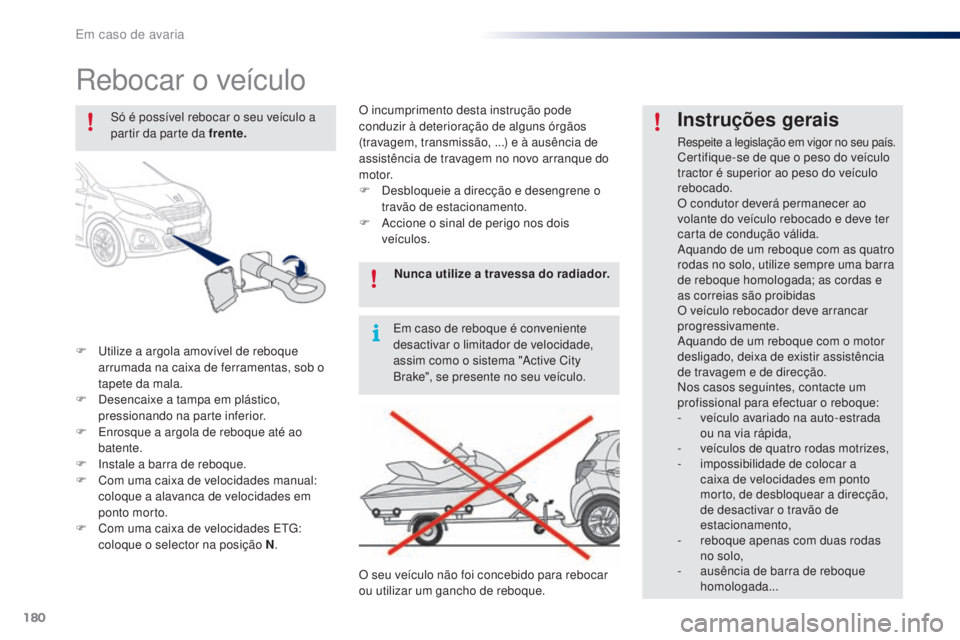 PEUGEOT 108 2016  Manual de utilização (in Portuguese) 180
108_pt_Chap08_en-cas-pannes_ed01-2016
Rebocar o veículo
F Utilize a argola amovível de reboque arrumada na caixa de ferramentas, sob o 
tapete da mala.
F
 
D
 esencaixe a tampa em plástico, 
pr