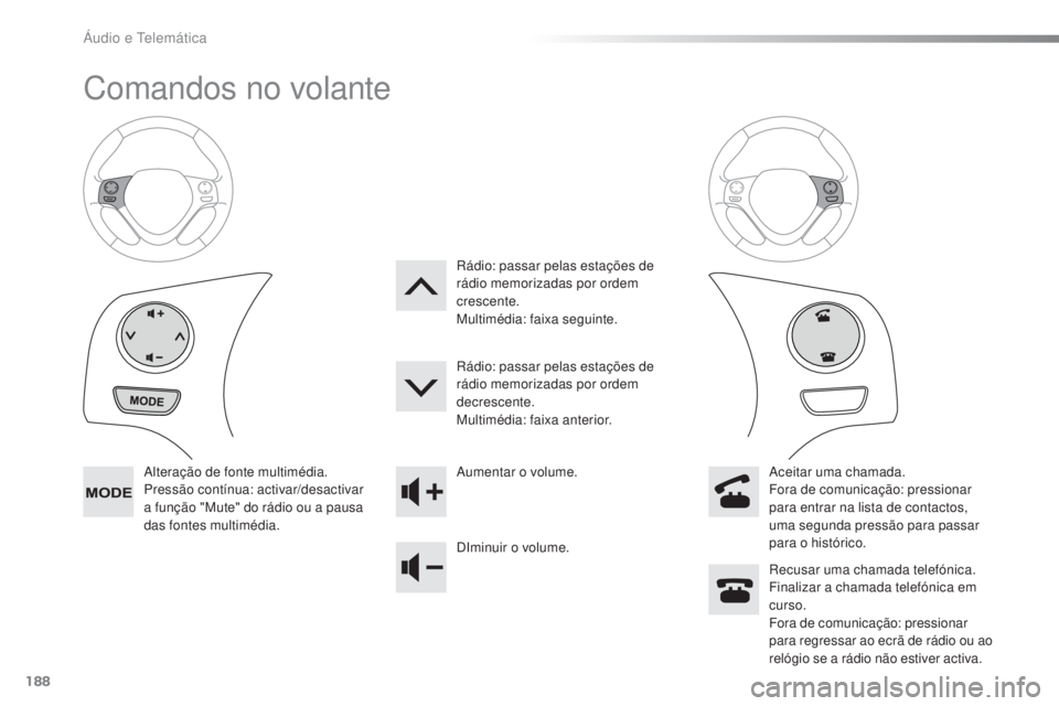 PEUGEOT 108 2016  Manual de utilização (in Portuguese) 188
108_pt_Chap10a_Autoradio-Toyota-tactile-1_ed01-2016
Comandos no volante
Alteração de fonte multimédia.
Pressão contínua: activar/desactivar 
a função "Mute" do rádio ou a pausa 
da