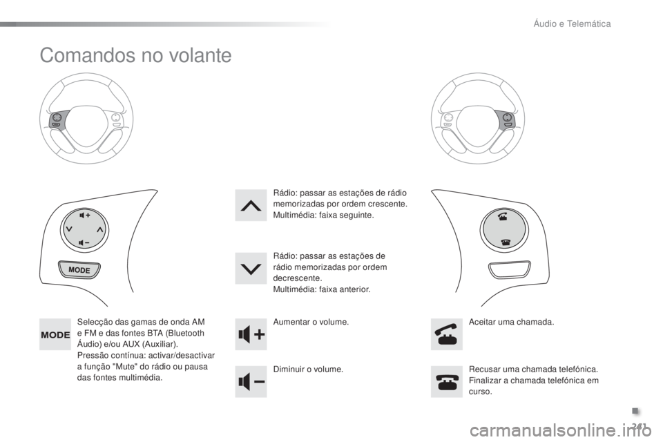 PEUGEOT 108 2016  Manual de utilização (in Portuguese) 241
108_pt_Chap10b_Autoradio-Toyota-2_ed01-2016
Comandos no volante
Selecção das gamas de onda AM 
e FM e das fontes BTA (Bluetooth 
Áudio) e/ou AUX (Auxiliar).
Pressão contínua: activar/desactiv