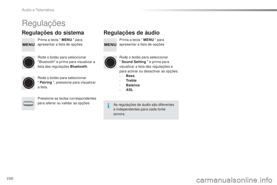 PEUGEOT 108 2016  Manual de utilização (in Portuguese) 250
108_pt_Chap10b_Autoradio-Toyota-2_ed01-2016
Regulações
Regulações do sistemaRegulações de áudio
Prima a tecla " MENU " para 
apresentar a lista de opções Prima a tecla " MENU
