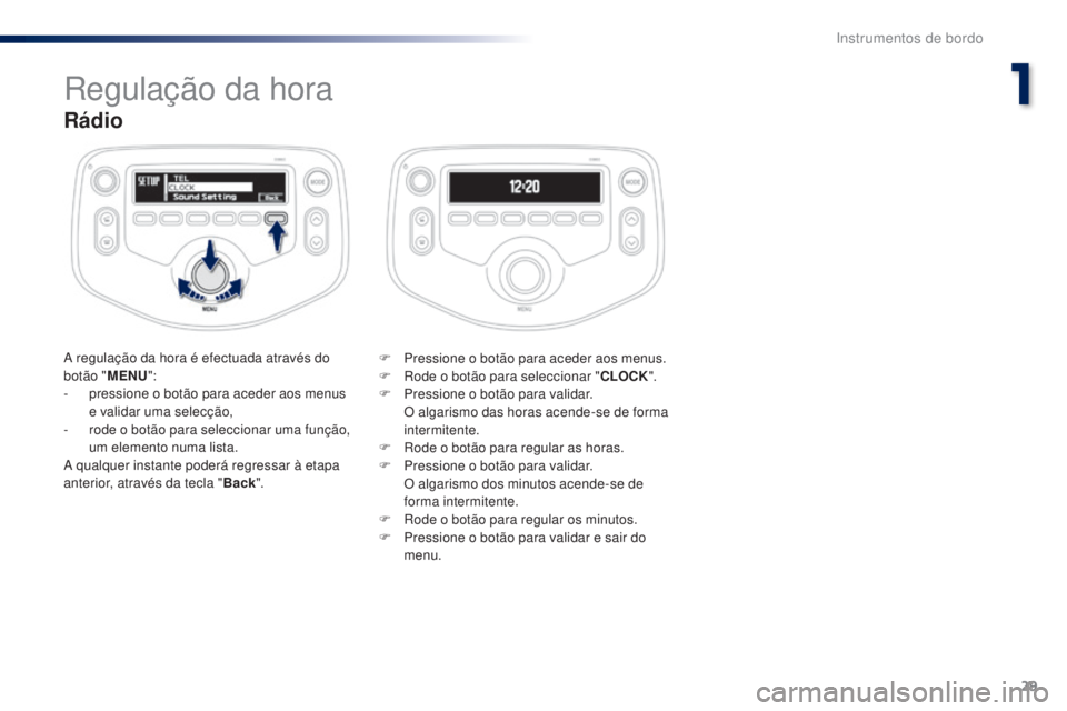 PEUGEOT 108 2016 Manual de utilização (in Portuguese) 29
108 _ pt _Chap01_instrument- de-bord_ed01-2016
Rádio
A regulação da hora é efectuada através do
botão "MENU":
-
p
ressione o botão para aceder aos menus
e validar uma selecção PEUGEOT 108 2016 Manual de utilização (in Portuguese) 29
108 _ pt _Chap01_instrument- de-bord_ed01-2016
Rádio
A regulação da hora é efectuada através do
botão "MENU":
-
p
ressione o botão para aceder aos menus
e validar uma selecção