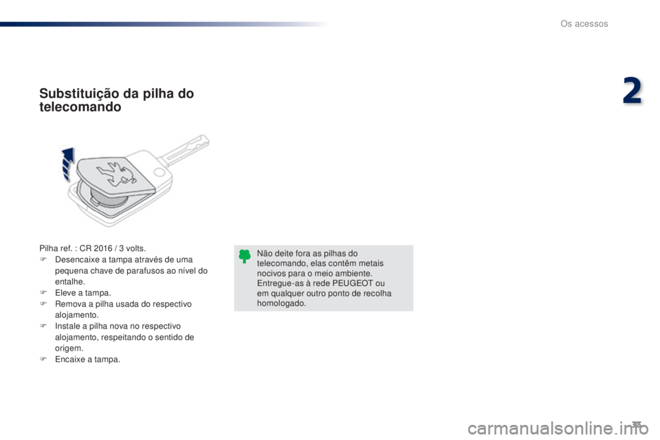 PEUGEOT 108 2016 Manual de utilização (in Portuguese) 33
108_pt_Chap02_ouvertures_ed01-2016
Pilha ref. : CR 2016 / 3 volts.
F D esencaixe a tampa através de uma
pequena chave de parafusos ao nÃvel do
entalhe.
F
E
leve a tampa.
F
R
emova a pilh PEUGEOT 108 2016 Manual de utilização (in Portuguese) 33
108_pt_Chap02_ouvertures_ed01-2016
Pilha ref. : CR 2016 / 3 volts.
F D esencaixe a tampa através de uma
pequena chave de parafusos ao nÃvel do
entalhe.
F
E
leve a tampa.
F
R
emova a pilh