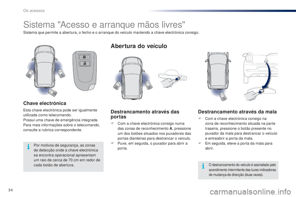 PEUGEOT 108 2016 Manual de utilização (in Portuguese) 34
108_pt_Chap02_ouvertures_ed01-2016
Sistema "Acesso e arranque mãos livres"
Sistema que permite a abertura, o fecho e o arranque do veÃculo mantendo a chave electrónica consigo.
Chave ele PEUGEOT 108 2016 Manual de utilização (in Portuguese) 34
108_pt_Chap02_ouvertures_ed01-2016
Sistema "Acesso e arranque mãos livres"
Sistema que permite a abertura, o fecho e o arranque do veÃculo mantendo a chave electrónica consigo.
Chave ele