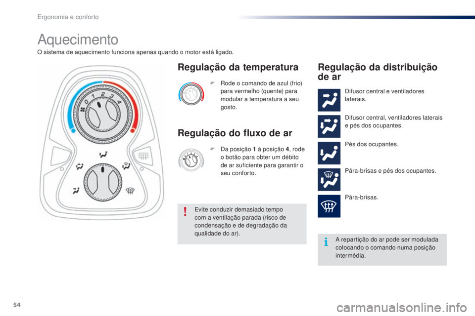 PEUGEOT 108 2016  Manual de utilização (in Portuguese) 54
108_pt_Chap03_ergonomie-confort_ed01-2016
Aquecimento
O sistema de aquecimento funciona apenas quando o motor está ligado.F  
R
 ode o comando de azul (frio) 
para vermelho (quente) para 
modular 