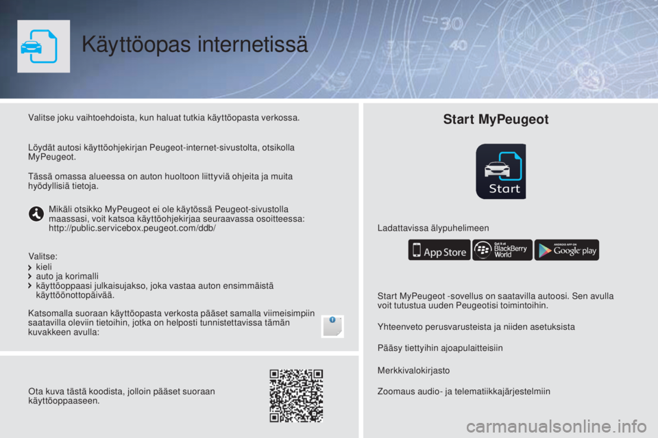 PEUGEOT 108 2016 Omistajan Käsikirja (in Finnish) Start
Käyttöopas internetissä
Valitse joku vaihtoehdoista, kun haluat tutkia käyttöopasta verkossa.
Katsomalla suoraan käyttöopasta verkosta pääset samalla viimeisimpiin
saatavilla oleviin t PEUGEOT 108 2016 Omistajan Käsikirja (in Finnish) Start
Käyttöopas internetissä
Valitse joku vaihtoehdoista, kun haluat tutkia käyttöopasta verkossa.
Katsomalla suoraan käyttöopasta verkosta pääset samalla viimeisimpiin
saatavilla oleviin t