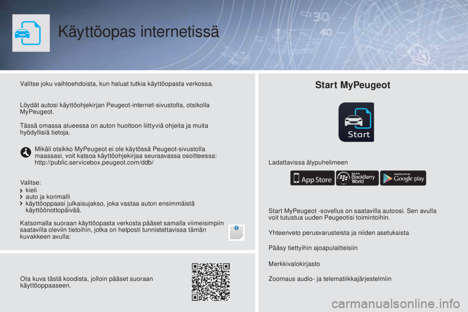 PEUGEOT 108 2016  Omistajan Käsikirja (in Finnish) Start
Käyttöopas internetissä
Valitse joku vaihtoehdoista, kun haluat tutkia käyttöopasta verkossa.
Katsomalla suoraan käyttöopasta verkosta pääset samalla viimeisimpiin 
saatavilla oleviin t