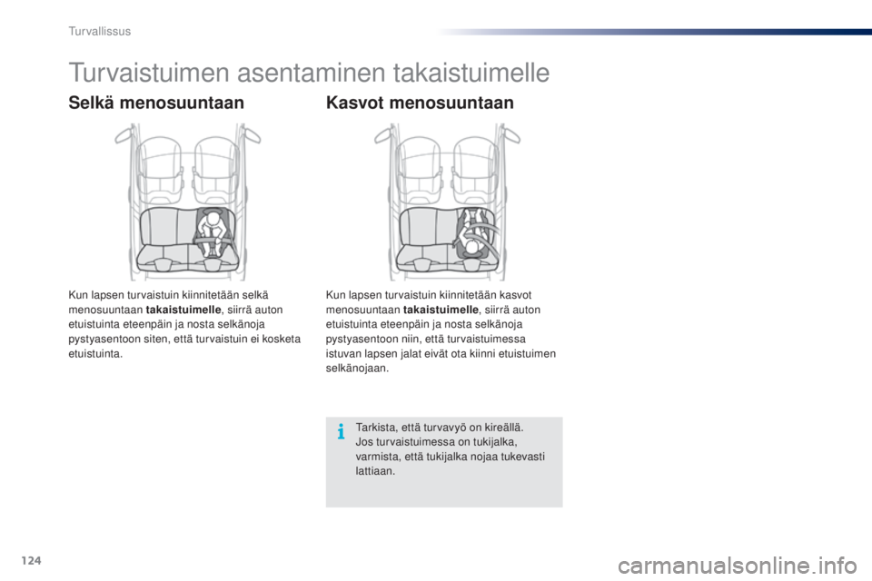 PEUGEOT 108 2016 Omistajan Käsikirja (in Finnish) 124
108_fi_Chap06_securite_ed01-2016
Turvaistuimen asentaminen takaistuimelle
Selkä menosuuntaan
Kun lapsen turvaistuin kiinnitetään selkä
menosuuntaan takaistuimelle, siirrä auton
etuistuinta PEUGEOT 108 2016 Omistajan Käsikirja (in Finnish) 124
108_fi_Chap06_securite_ed01-2016
Turvaistuimen asentaminen takaistuimelle
Selkä menosuuntaan
Kun lapsen turvaistuin kiinnitetään selkä
menosuuntaan takaistuimelle, siirrä auton
etuistuinta
