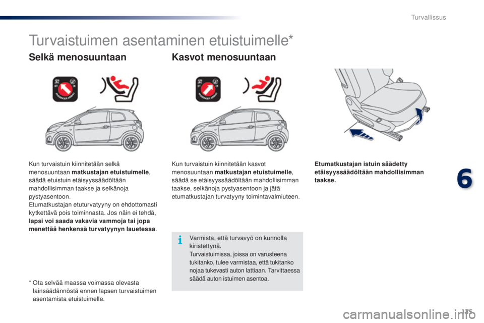 PEUGEOT 108 2016 Omistajan Käsikirja (in Finnish) 125
108_fi_Chap06_securite_ed01-2016
Turvaistuimen asentaminen etuistuimelle*
Selkä menosuuntaan Kasvot menosuuntaan
Etumatkustajan istuin säädetty
etäisyyssäädöltään mahdollisimman
taakse. PEUGEOT 108 2016 Omistajan Käsikirja (in Finnish) 125
108_fi_Chap06_securite_ed01-2016
Turvaistuimen asentaminen etuistuimelle*
Selkä menosuuntaan Kasvot menosuuntaan
Etumatkustajan istuin säädetty
etäisyyssäädöltään mahdollisimman
taakse.