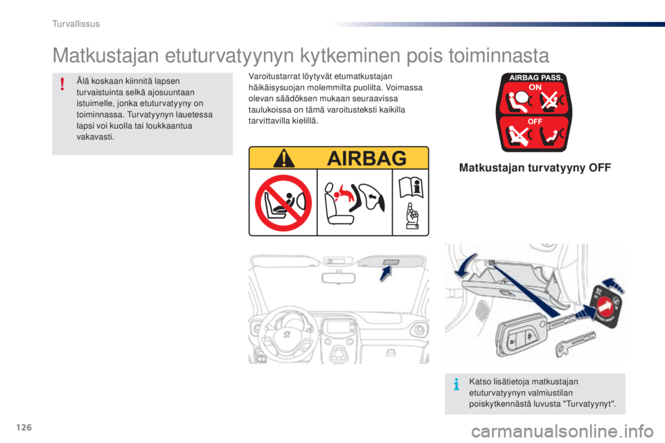 PEUGEOT 108 2016 Omistajan Käsikirja (in Finnish) 126
108_fi_Chap06_securite_ed01-2016
Matkustajan turvatyyny OFF
Varoitustarrat löytyvät etumatkustajan
häikäisysuojan molemmilta puolilta. Voimassa
olevan säädöksen mukaan seuraavissa
tauluk PEUGEOT 108 2016 Omistajan Käsikirja (in Finnish) 126
108_fi_Chap06_securite_ed01-2016
Matkustajan turvatyyny OFF
Varoitustarrat löytyvät etumatkustajan
häikäisysuojan molemmilta puolilta. Voimassa
olevan säädöksen mukaan seuraavissa
tauluk