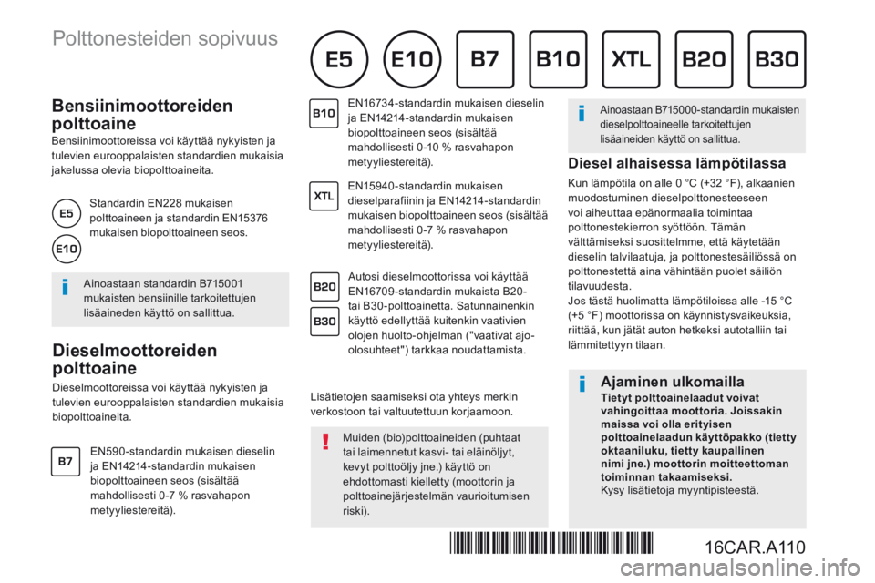 PEUGEOT 108 2016  Omistajan Käsikirja (in Finnish)           Bensiinimoottoreiden 
polttoaine 
  Bensiinimoottoreissa voi käyttää nykyisten ja tulevien eurooppalaisten standardien mukaisia jakelussa olevia biopolttoaineita. 
          Dieselmoottor