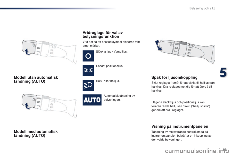 PEUGEOT 108 2016 Bruksanvisningar (in Swedish) 99
108_sv_Chap05_eclairage-visibilite_ed01-2016
Modell utan automatisk
tändning (AUTO)
Modell med automatisk
tändning (AUTO)Vridreglage för val av
belysningsfunktion
Vrid det så att önskad s PEUGEOT 108 2016 Bruksanvisningar (in Swedish) 99
108_sv_Chap05_eclairage-visibilite_ed01-2016
Modell utan automatisk
tändning (AUTO)
Modell med automatisk
tändning (AUTO)Vridreglage för val av
belysningsfunktion
Vrid det så att önskad s