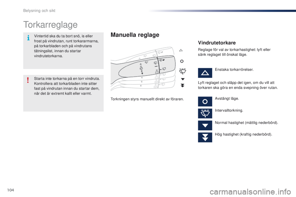 PEUGEOT 108 2016 Bruksanvisningar (in Swedish) 104
108_sv_Chap05_eclairage-visibilite_ed01-2016
Torkarreglage
Manuella reglage
Torkningen styrs manuellt direkt av föraren.
Vindrutetorkare
Reglage för val av torkarhastighet: lyft eller
sänk reg PEUGEOT 108 2016 Bruksanvisningar (in Swedish) 104
108_sv_Chap05_eclairage-visibilite_ed01-2016
Torkarreglage
Manuella reglage
Torkningen styrs manuellt direkt av föraren.
Vindrutetorkare
Reglage för val av torkarhastighet: lyft eller
sänk reg