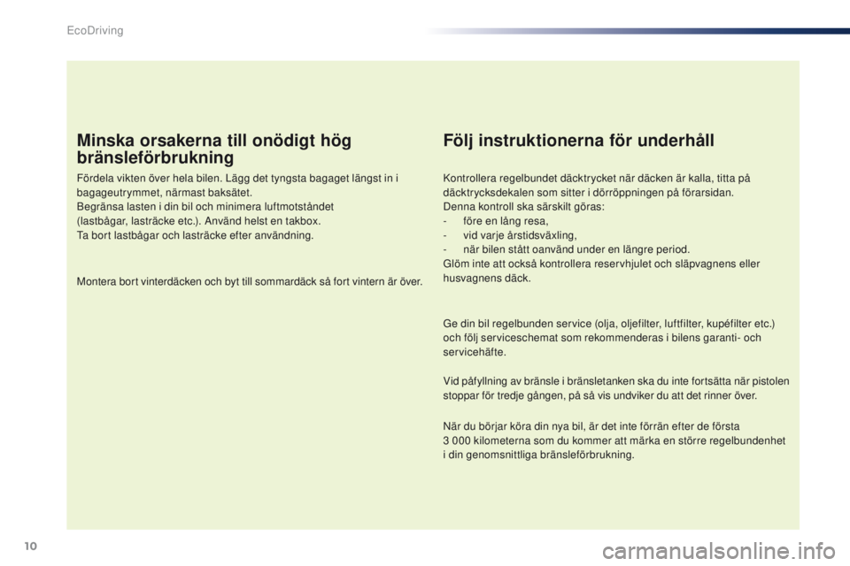 PEUGEOT 108 2016 Bruksanvisningar (in Swedish) 10
108_sv_Chap00c_eco-conduite_ed01-2016
Minska orsakerna till onödigt hög
bränsleförbrukning
Fördela vikten över hela bilen. Lägg det tyngsta bagaget längst in i
bagageutrymmet, närmast ba PEUGEOT 108 2016 Bruksanvisningar (in Swedish) 10
108_sv_Chap00c_eco-conduite_ed01-2016
Minska orsakerna till onödigt hög
bränsleförbrukning
Fördela vikten över hela bilen. Lägg det tyngsta bagaget längst in i
bagageutrymmet, närmast ba