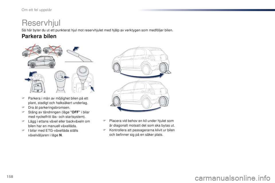 PEUGEOT 108 2016  Bruksanvisningar (in Swedish) 158
108_sv_Chap08_en-cas-pannes_ed01-2016
Reservhjul
F Parkera i mån av möjlighet bilen på ett plant, stadigt och halksäkert underlag.
F
 
D
 ra åt parkeringsbromsen.
F
 
S
 täng av tändningen 