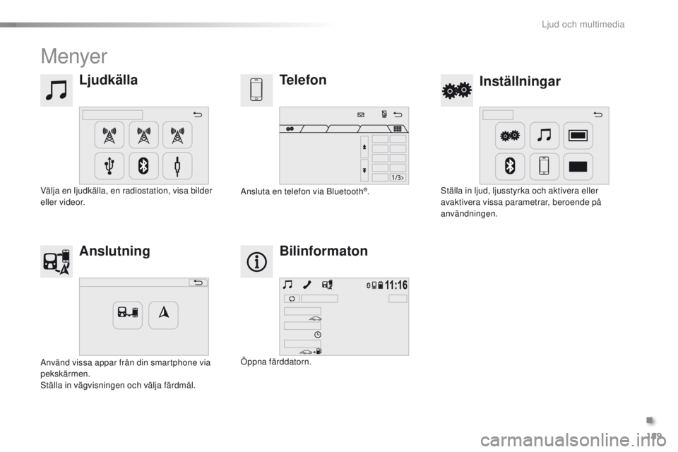 PEUGEOT 108 2016  Bruksanvisningar (in Swedish) 189
108_sv_Chap10a_Autoradio-Toyota-tactile-1_ed01-2016
Menyer
LjudkällaInställningar
Telefon
Anslutning Bilinformaton
Välja en ljudkälla, en radiostation, visa bilder 
eller videor. Ställa in lj