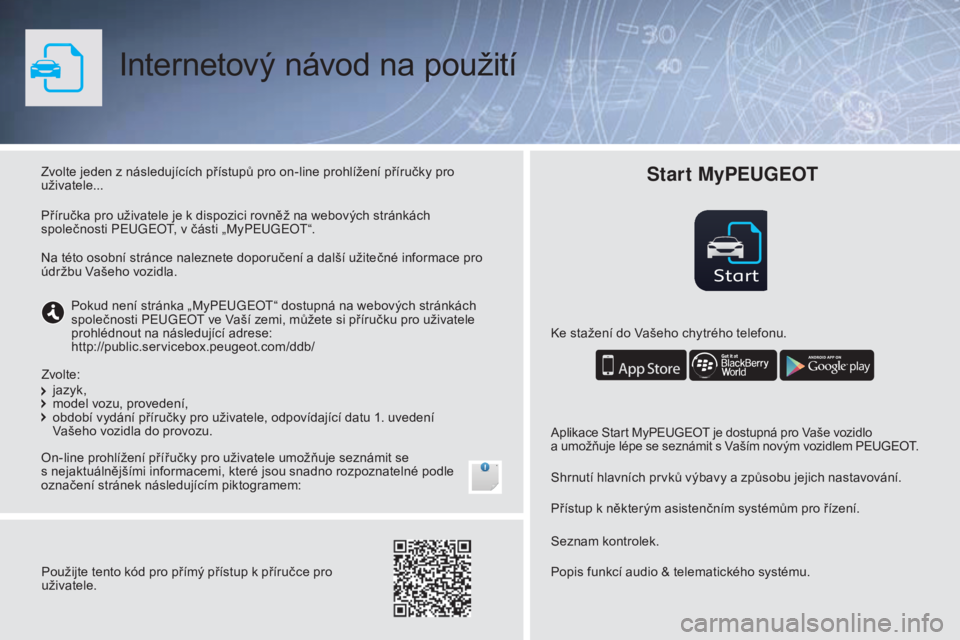 PEUGEOT 108 2016  Návod na použití (in Czech) Start
Internetový návod na použití
Zvolte jeden z následujících přístupů pro on-line prohlížení příručky pro 
uživatele...
On-line prohlížení přířučky pro uživatele umožňuje