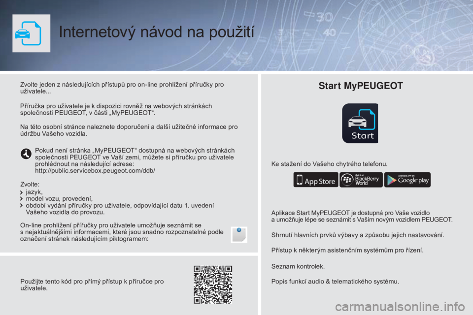PEUGEOT 108 2016 Návod na použití (in Czech) Start
Internetový návod na použití
Zvolte jeden z následujících přístupů pro on-line prohlížení příručky pro
uživatele...
On-line prohlížení přířučky pro uživatele umožňuje PEUGEOT 108 2016 Návod na použití (in Czech) Start
Internetový návod na použití
Zvolte jeden z následujících přístupů pro on-line prohlížení příručky pro
uživatele...
On-line prohlížení přířučky pro uživatele umožňuje