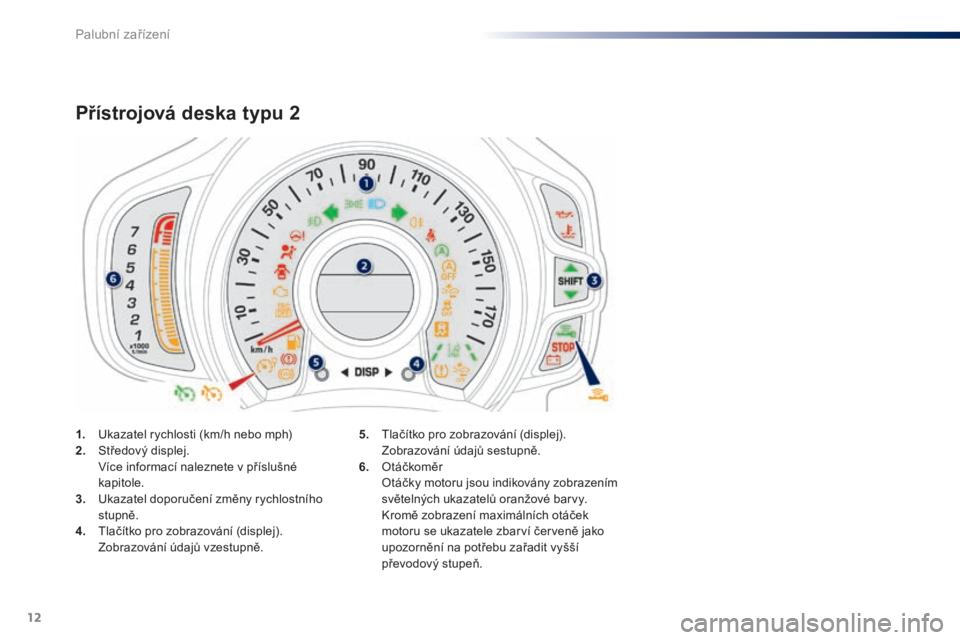 PEUGEOT 108 2016 Návod na použití (in Czech) 12
1. Ukazatel rychlosti (km/h nebo mph)
2. Středový displej.
V
íce informací naleznete v příslušné
kapitole.
3.
U
kazatel doporučení změny rychlostního
stupně.
4.
T
lačítko pro PEUGEOT 108 2016 Návod na použití (in Czech) 12
1. Ukazatel rychlosti (km/h nebo mph)
2. Středový displej.
V
íce informací naleznete v příslušné
kapitole.
3.
U
kazatel doporučení změny rychlostního
stupně.
4.
T
lačítko pro