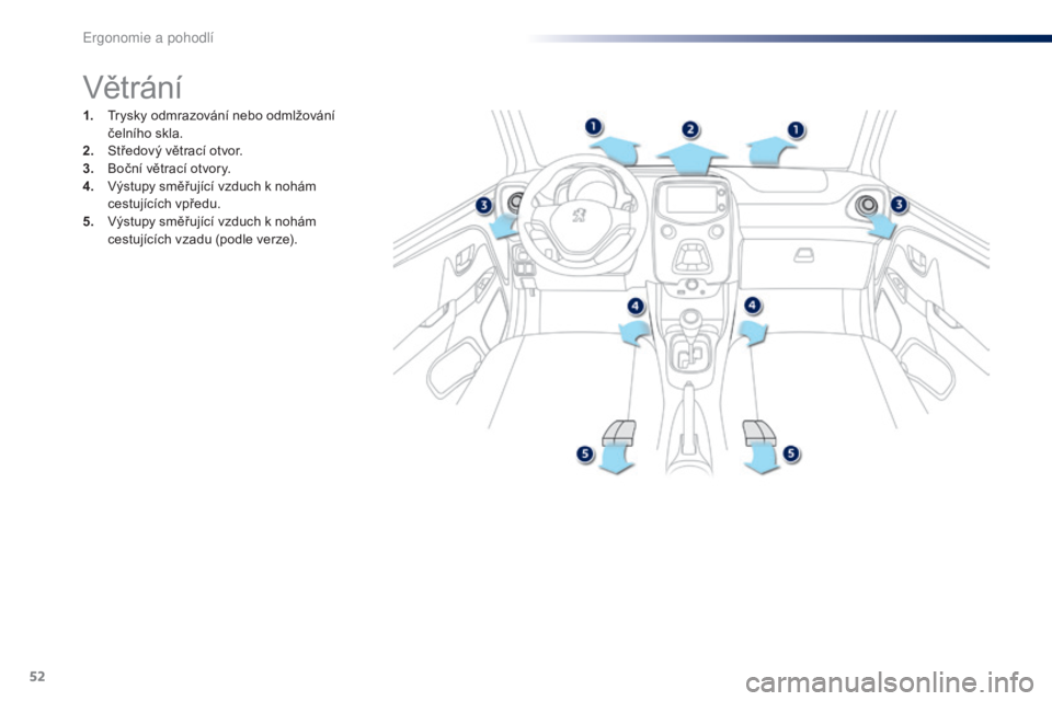 PEUGEOT 108 2016  Návod na použití (in Czech) 52
108_cs_Chap03_ergonomie-confort_ed01-2016
Větrání
1. Trysky odmrazování nebo odmlžování čelního skla.
2.
 S

tředový větrací otvor.
3.
 B

oční větrací otvory.
4.
 V

ýstupy smě
