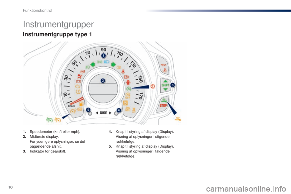 PEUGEOT 108 2015 Brugsanvisning (in Danish) 10
Instrumentgrupper
Instrumentgruppe type 1
1. Speedometer (km/t eller mph).
2. Midterste display.
F
or yderligere oplysninger, se det
pågældende afsnit.
3.
I
ndikator for gearskift. 4. K
nap PEUGEOT 108 2015 Brugsanvisning (in Danish) 10
Instrumentgrupper
Instrumentgruppe type 1
1. Speedometer (km/t eller mph).
2. Midterste display.
F
or yderligere oplysninger, se det
pågældende afsnit.
3.
I
ndikator for gearskift. 4. K
nap