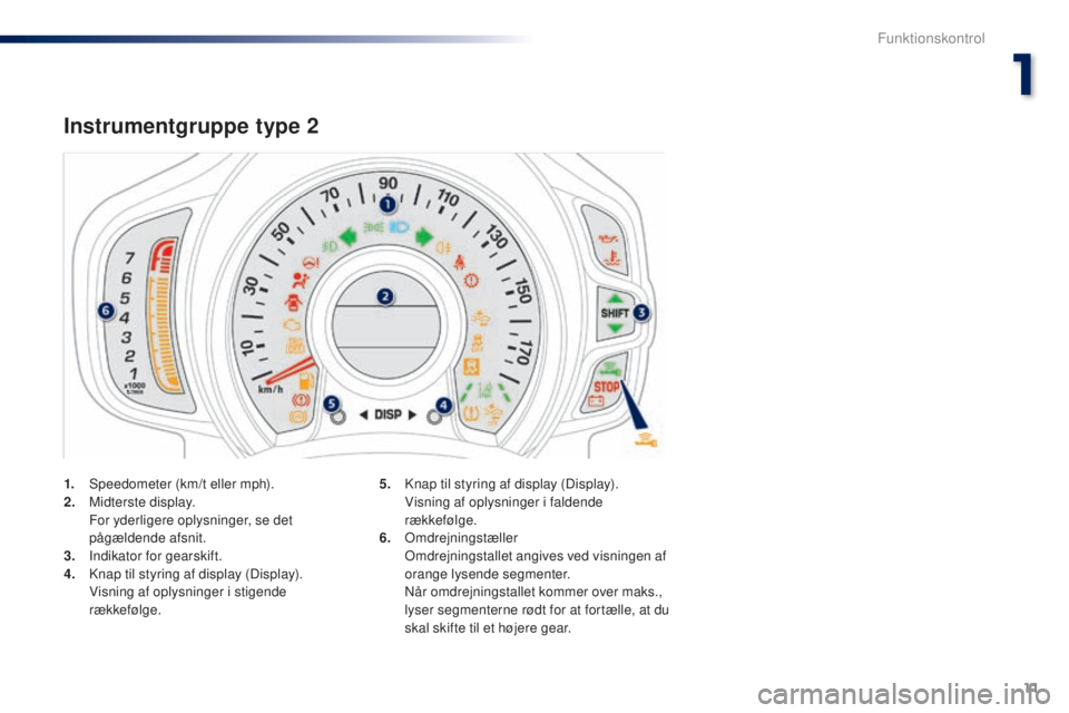 PEUGEOT 108 2015 Brugsanvisning (in Danish) 11
108_da_Chap01_controle-de-marche_ed01-2015
1. Speedometer (km/t eller mph).
2. Midterste display.
F
or yderligere oplysninger, se det
pågældende afsnit.
3.
I
ndikator for gearskift.
4.
K
n PEUGEOT 108 2015 Brugsanvisning (in Danish) 11
108_da_Chap01_controle-de-marche_ed01-2015
1. Speedometer (km/t eller mph).
2. Midterste display.
F
or yderligere oplysninger, se det
pågældende afsnit.
3.
I
ndikator for gearskift.
4.
K
n
