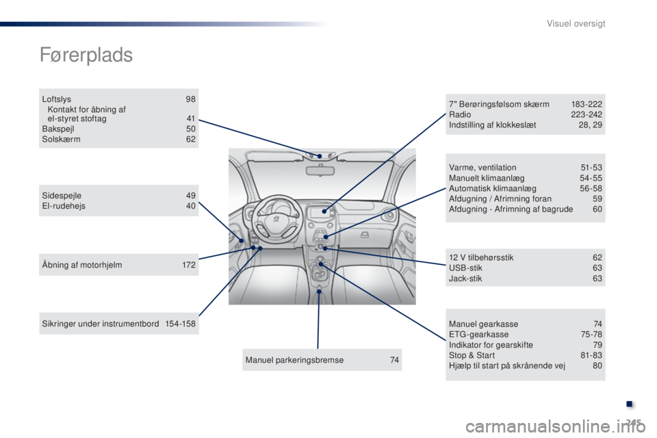 PEUGEOT 108 2015 Brugsanvisning (in Danish) 245
108_da_Chap13_recherche-visuelle_ed01-2015
Sikringer under instrumentbord 154-158
Førerplads
Ã…bning af motorhjelm 1 72
Sidespejle
49
El-rudehejs
40
Loftslys 98
K
ontakt for åbning af PEUGEOT 108 2015 Brugsanvisning (in Danish) 245
108_da_Chap13_recherche-visuelle_ed01-2015
Sikringer under instrumentbord 154-158
Førerplads
Ã…bning af motorhjelm 1 72
Sidespejle
49
El-rudehejs
40
Loftslys 98
K
ontakt for åbning af