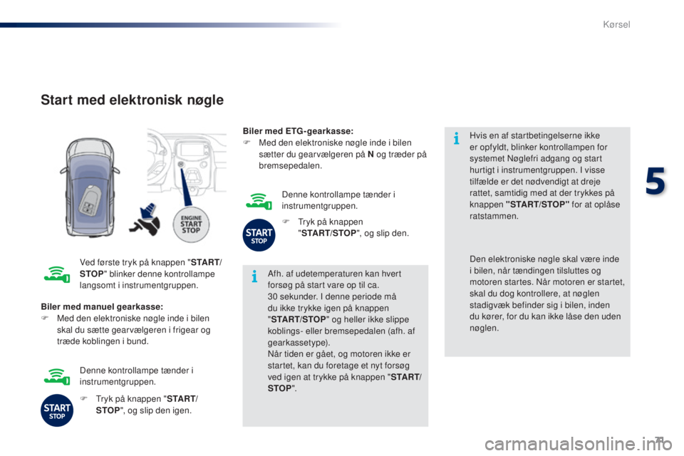 PEUGEOT 108 2015 Brugsanvisning (in Danish) 71
108_da_Chap05_conduite_ed01-2015
Start med elektronisk nøgle
Ved første tryk på knappen "S TA R T/
STOP " blinker denne kontrollampe
langsomt i instrumentgruppen. Afh. af udetemperature PEUGEOT 108 2015 Brugsanvisning (in Danish) 71
108_da_Chap05_conduite_ed01-2015
Start med elektronisk nøgle
Ved første tryk på knappen "S TA R T/
STOP " blinker denne kontrollampe
langsomt i instrumentgruppen. Afh. af udetemperature
