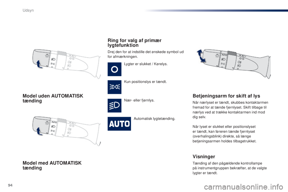 PEUGEOT 108 2015 Brugsanvisning (in Danish) 94
108_da_Chap06_visibilite_ed01-2015
Model uden AUTOMATISK
tænding
Model med AUTOMATISK
tændingRing for valg af primær
lygtefunktion
Drej den for at indstille det ønskede symbol ud
for afmær PEUGEOT 108 2015 Brugsanvisning (in Danish) 94
108_da_Chap06_visibilite_ed01-2015
Model uden AUTOMATISK
tænding
Model med AUTOMATISK
tændingRing for valg af primær
lygtefunktion
Drej den for at indstille det ønskede symbol ud
for afmær