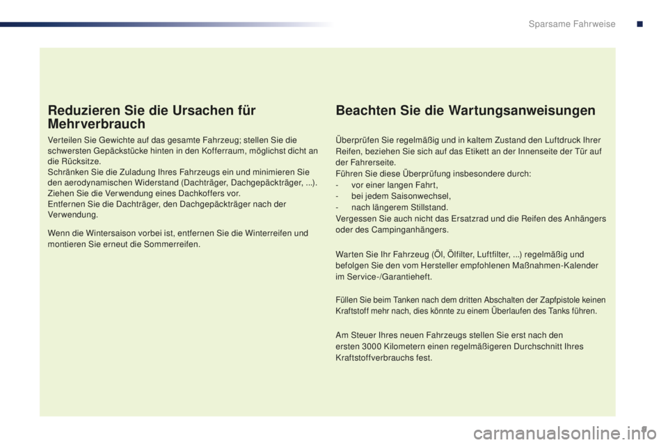 PEUGEOT 108 2015  Betriebsanleitungen (in German) 9
108_de_Chap00c_eco-conduite_ed01-2015
Reduzieren Sie die Ursachen für 
Mehrverbrauch
Verteilen Sie Gewichte auf das gesamte Fahrzeug; stellen Sie die 
schwersten Gepäckstücke hinten in den Koffer