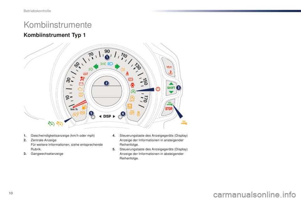 PEUGEOT 108 2015  Betriebsanleitungen (in German) 10
Kombiinstrumente
Kombiinstrument Typ 1
1. Geschwindigkeitsanzeige (km/h oder mph)
2. Z entrale Anzeige
 F

ür weitere Informationen, siehe entsprechende 
Rubrik.
3.
 

Gangwechselanzeige 4. S
teue