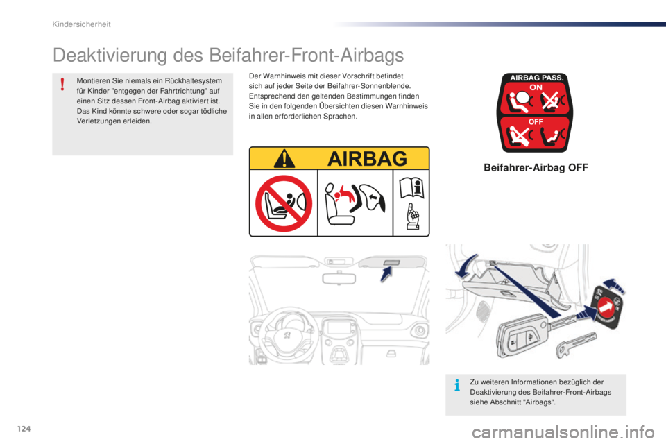 PEUGEOT 108 2015 Betriebsanleitungen (in German) 124
108_de_Chap08_securite-enfants_ed01-2015
Beifahrer-Airbag OFF
Der Warnhinweis mit dieser Vorschrift befindet
sich auf jeder Seite der Beifahrer-Sonnenblende.
Entsprechend den geltenden Bestimmun PEUGEOT 108 2015 Betriebsanleitungen (in German) 124
108_de_Chap08_securite-enfants_ed01-2015
Beifahrer-Airbag OFF
Der Warnhinweis mit dieser Vorschrift befindet
sich auf jeder Seite der Beifahrer-Sonnenblende.
Entsprechend den geltenden Bestimmun