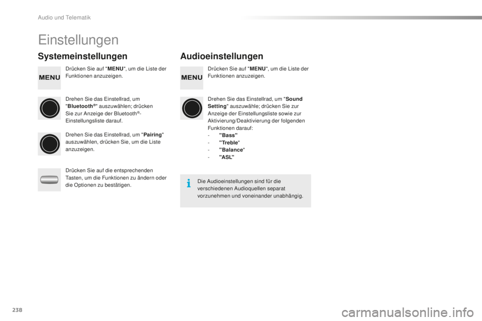 PEUGEOT 108 2015  Betriebsanleitungen (in German) 238
108_de_Chap12b_Autoradio-Toyota-2_ed01-2015
Einstellungen
SystemeinstellungenAudioeinstellungen
Drücken Sie auf "MENU", um die Liste der 
Funktionen anzuzeigen. Drücken Sie auf "
MEN