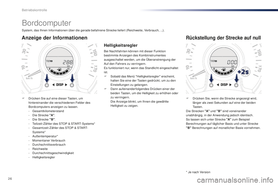 PEUGEOT 108 2015 Betriebsanleitungen (in German) 26
Bordcomputer
System, das Ihnen Informationen über die gerade befahrene Strecke liefer t (Reichweite, Verbrauch, ...).
Anzeige der Informationen
F Drücken Sie auf eine dieser Tasten, um hintereina PEUGEOT 108 2015 Betriebsanleitungen (in German) 26
Bordcomputer
System, das Ihnen Informationen über die gerade befahrene Strecke liefer t (Reichweite, Verbrauch, ...).
Anzeige der Informationen
F Drücken Sie auf eine dieser Tasten, um hintereina