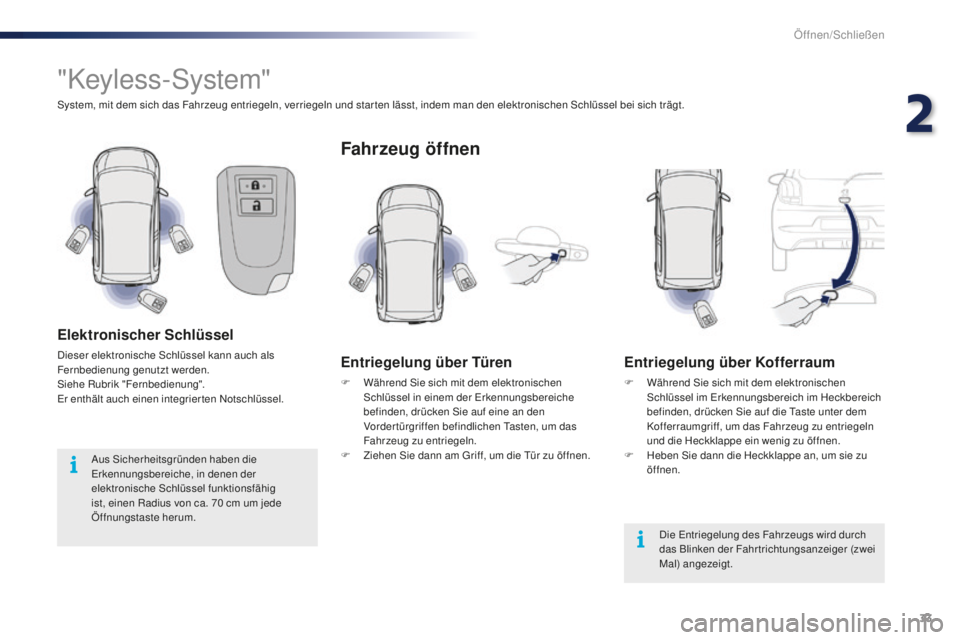 PEUGEOT 108 2015  Betriebsanleitungen (in German) 33
108_de_Chap02_ouvertures_ed01-2015
"Keyless-System"
System, mit dem sich das Fahrzeug entriegeln, verriegeln und star ten lässt, indem man den elektronischen Schlüssel bei sich trägt.
El