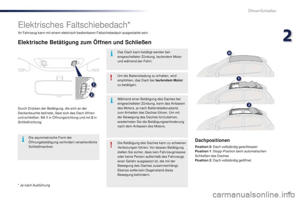 PEUGEOT 108 2015  Betriebsanleitungen (in German) 41
108_de_Chap02_ouvertures_ed01-2015
* Je nach Ausführung Ihr Fahrzeug kann mit einem elektrisch bedienbaren Faltschiebedach ausgestattet sein.
Elektrisches Faltschiebedach*
Elektrische Betätigung 