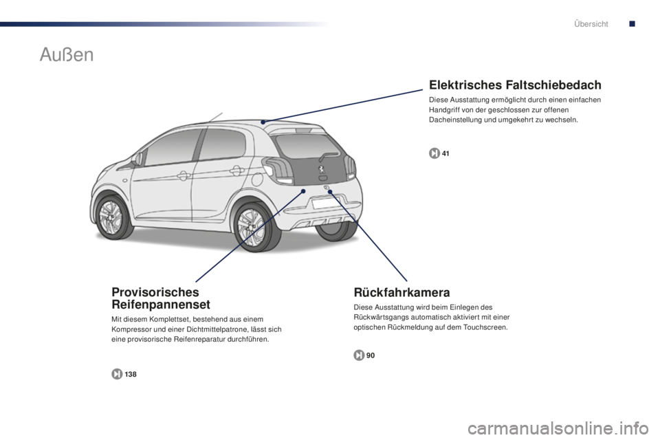 PEUGEOT 108 2015  Betriebsanleitungen (in German) 5
108_de_Chap00b_vue-ensemble_ed01-2015
Elektrisches Faltschiebedach
Diese Ausstattung ermöglicht durch einen einfachen 
Handgriff von der geschlossen zur offenen 
Dacheinstellung und umgekehrt zu we