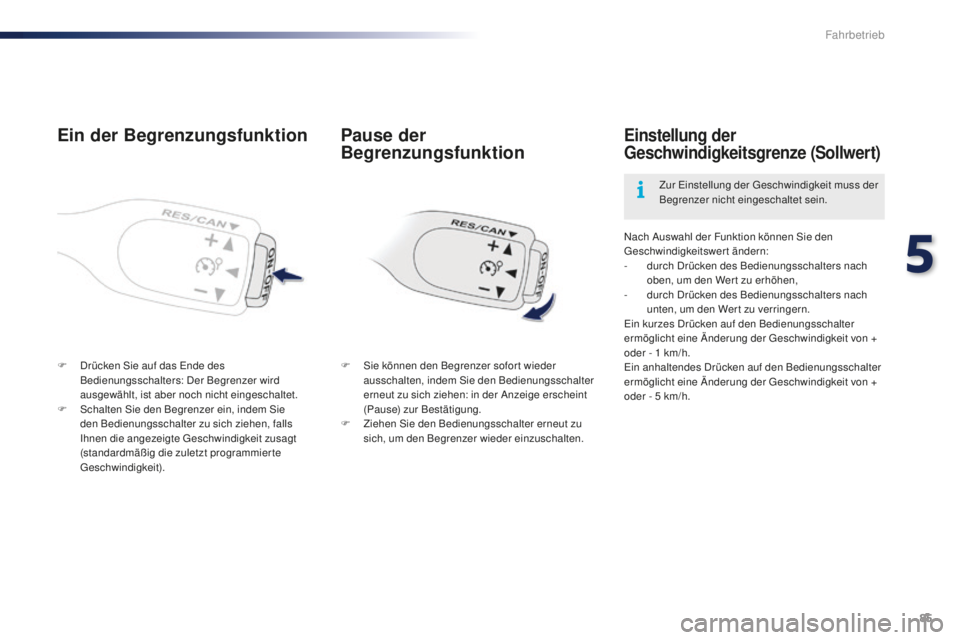 PEUGEOT 108 2015  Betriebsanleitungen (in German) 85
108_de_Chap05_conduite_ed01-2015
Ein der Begrenzungsfunktion
F Drücken Sie auf das Ende des Bedienungsschalters: Der Begrenzer wird 
ausgewählt, ist aber noch nicht eingeschaltet.
F
 
S
 chalten 