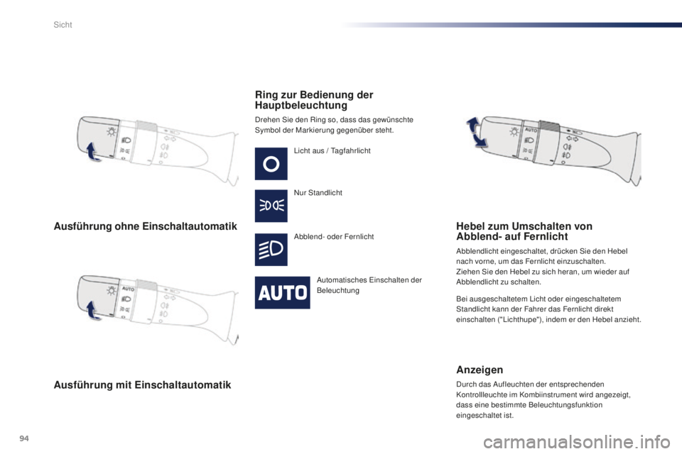 PEUGEOT 108 2015 Betriebsanleitungen (in German) 94
108_de_Chap06_visibilite_ed01-2015
Ausführung ohne Einschaltautomatik
Ausführung mit EinschaltautomatikRing zur Bedienung der
Hauptbeleuchtung
Drehen Sie den Ring so, dass das gewünschte
Symbo PEUGEOT 108 2015 Betriebsanleitungen (in German) 94
108_de_Chap06_visibilite_ed01-2015
Ausführung ohne Einschaltautomatik
Ausführung mit EinschaltautomatikRing zur Bedienung der
Hauptbeleuchtung
Drehen Sie den Ring so, dass das gewünschte
Symbo