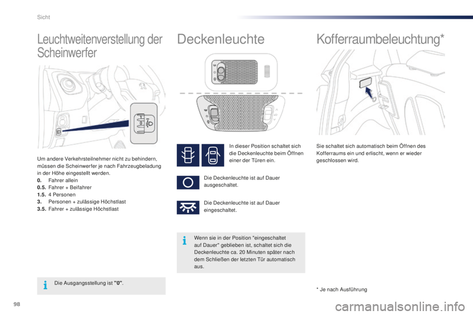 PEUGEOT 108 2015 Betriebsanleitungen (in German) 98
108_de_Chap06_visibilite_ed01-2015
Leuchtweitenverstellung der
Scheinwerfer
Um andere Verkehrsteilnehmer nicht zu behindern,
müssen die Scheinwerfer je nach Fahrzeugbeladung
in der Höhe einges PEUGEOT 108 2015 Betriebsanleitungen (in German) 98
108_de_Chap06_visibilite_ed01-2015
Leuchtweitenverstellung der
Scheinwerfer
Um andere Verkehrsteilnehmer nicht zu behindern,
müssen die Scheinwerfer je nach Fahrzeugbeladung
in der Höhe einges