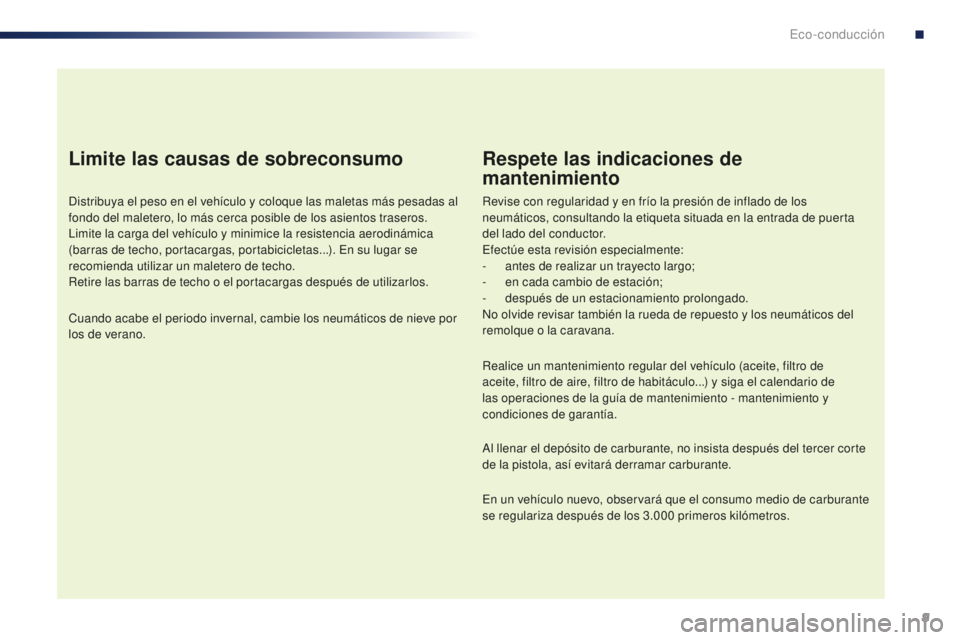 PEUGEOT 108 2015  Manual del propietario (in Spanish) 9
108_es_Chap00c_eco-conduite_ed01-2015
Limite las causas de sobreconsumo
Distribuya el peso en el vehículo y coloque las maletas más pesadas al 
fondo del maletero, lo más cerca posible de los asi