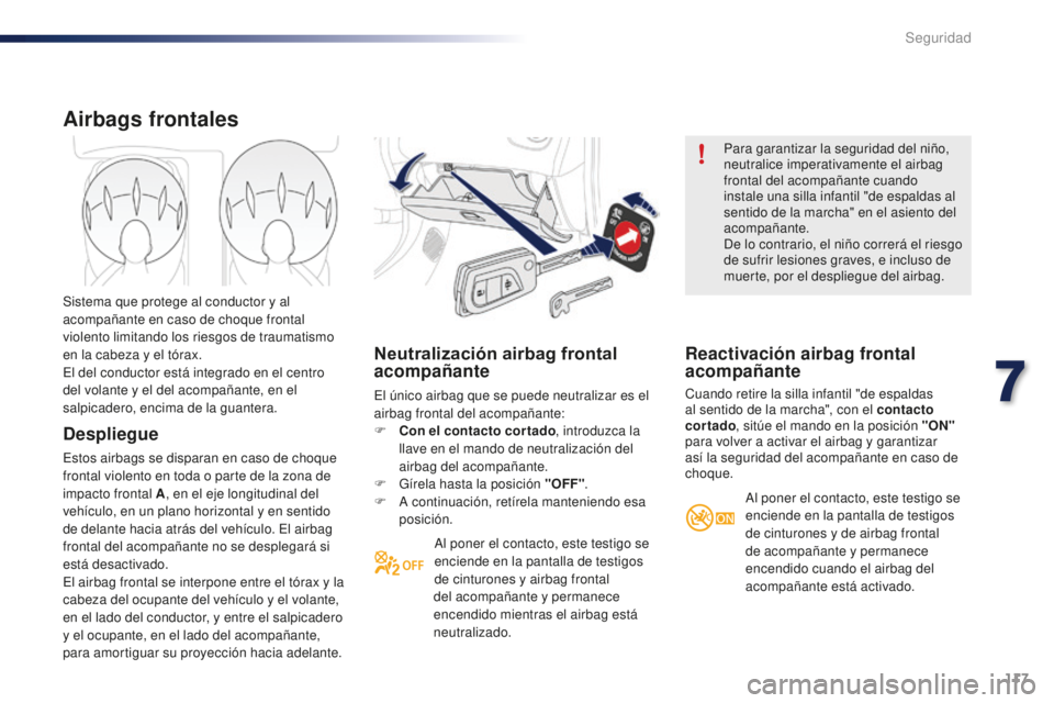 PEUGEOT 108 2015  Manual del propietario (in Spanish) 117
108_es_Chap07_securite_ed01-2015
Neutralización airbag frontal 
acompañante
El único airbag que se puede neutralizar es el 
airbag frontal del acompañante:
F
 Co
n el contacto cortado , introd