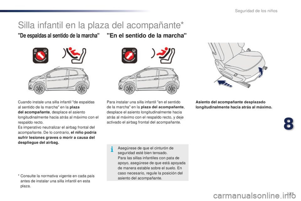 PEUGEOT 108 2015 Manual del propietario (in Spanish) 123
108_es_Chap08_securite-enfants_ed01-2015
Silla infantil en la plaza del acompañante*
"De espaldas al sentido de la marcha""En el sentido de la marcha"
Asiento del acompañante des PEUGEOT 108 2015 Manual del propietario (in Spanish) 123
108_es_Chap08_securite-enfants_ed01-2015
Silla infantil en la plaza del acompañante*
"De espaldas al sentido de la marcha""En el sentido de la marcha"
Asiento del acompañante des